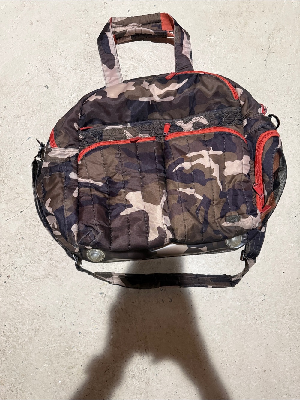 lug Brown Camo Quilted Travel Tote with Red Zipper Accents